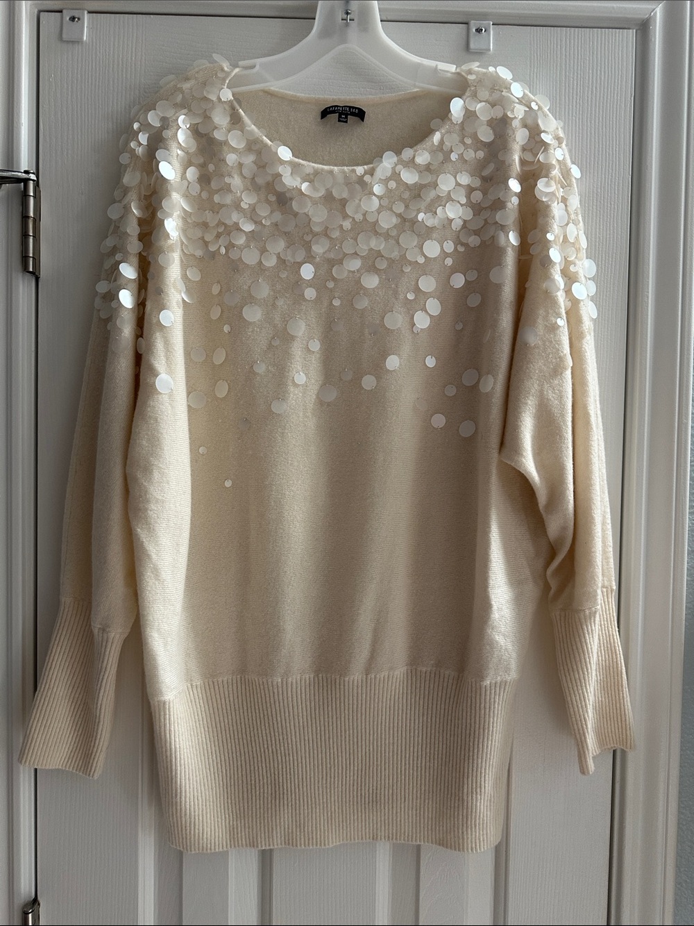 Lafayette 148 NY Cashmere Ivory Pailettes lEmbellished Dolman Sleeve Sweater M